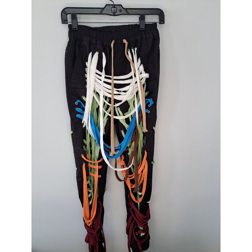 Twotwinstyle Womens High-Waist Patchwork Bandage Pants Colorful Rope Detail S